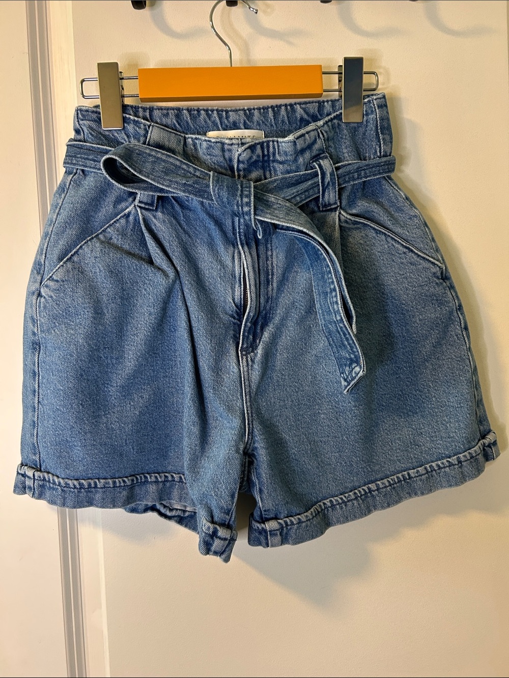 140. Dynamite Blue Paperbag Waist Denim Shorts with Tie Belt - Picture 1 of 2
